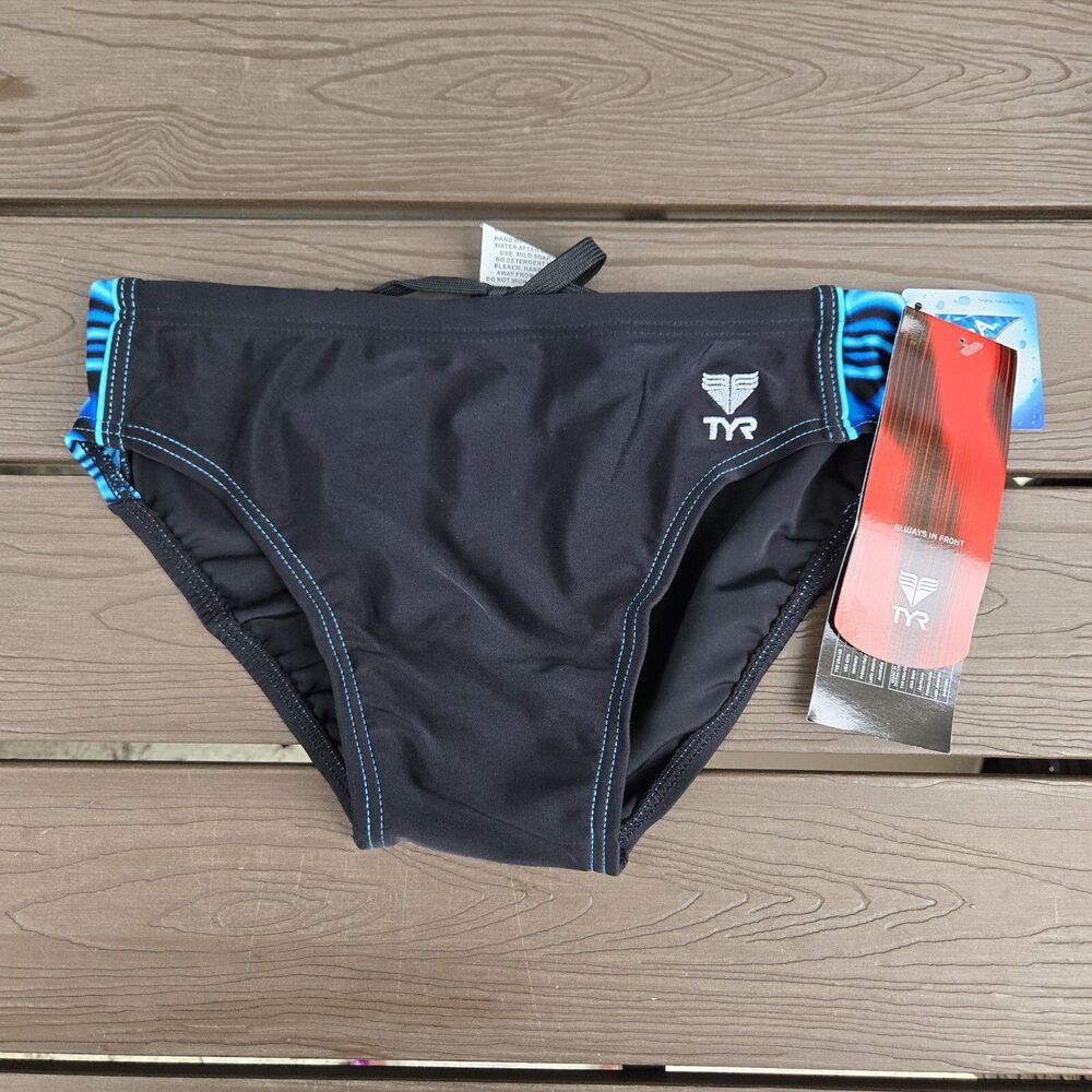 TYR Boy's Men's Nylon Maniac Racer Black/blue Swim Racer Brief SZ 28 New